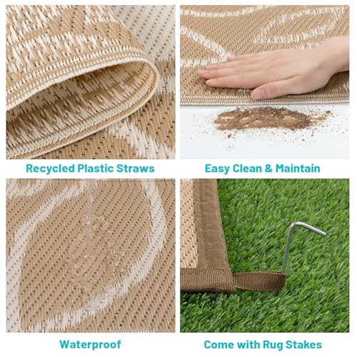 HEBE Waterproof Outdoor Rug 6x9 for Patios, Floral Reversible Plastic Straw Rug Patio Mat, Indoor Outdoor Carpet RV Mat Camping Rug for Deck, Camper, Porch, Balcony, Backyard, Picnic