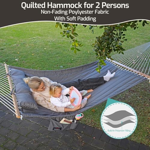 CHULIM Double Quilted Fabric Hammock with Hardwood Spreader Bars and Pillow 450 LBS Capacity 2 Person Large Hammock for Outdoor Patio Backyard Poolside - Dark Grey