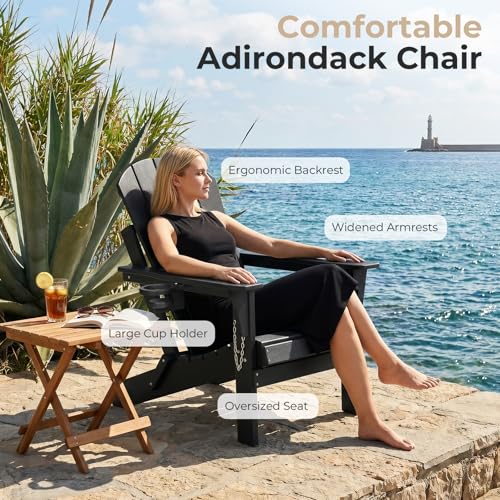 SFYLODS HDPE Folding Adirondack Chair, Outdoor Patio Chair with Cup Holder, Weather Resistant Wood Grain Lawn Chair for Backyard, Garden, Fire Pit, Deck, Black