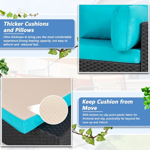 7 Piece Outdoor Patio Furniture Set,Black PE Rattan Wicker Sectional Sofa, All Weather Conversation Set with Washable Cushions & Glass Coffee Table for Backyard Poolside Garden Porch,Blue