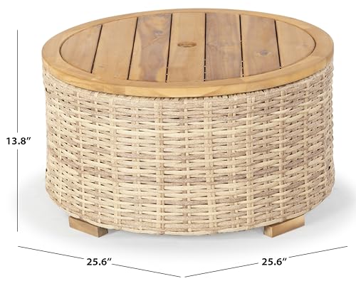 SAFAVIEH Couture Outdoor - Anguilla Round Wicker Coffee Table - Solid Wood and Aluminum - Coastal Woven Design - Ideal for Patio, Deck, Porch, Backyard, 25.6"W x 25.6"D x 13.8"H (CPT2103A)