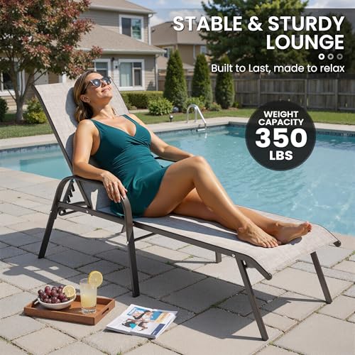 Crestlive Products Outdoor Chaise Lounge Chair,5-Position Pool Lounge Chairs with Armrests Sunbathing Recliner for Patio, Beach, Deck, Yard (2PC Beige)