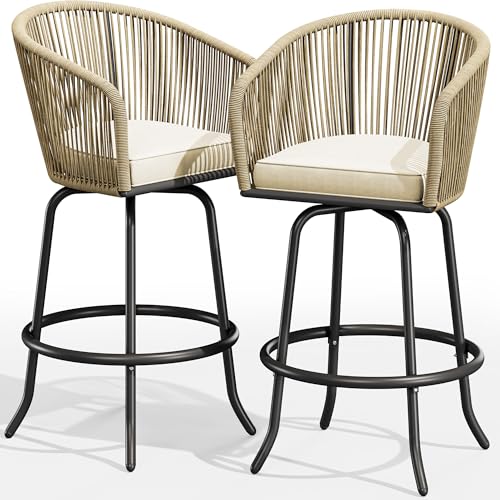 YITAHOME Counter Height Bar Stools Set of 2, Outdoor Bar Stools with Soft Cushions, Patio Rattan Swivel Bar Chairs for Backyard Poolside, Garden w /360 Rotation (Beige)