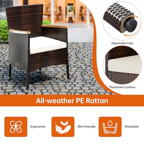 Shintenchi 5 PCS Patio Dining Set, Wicker Outdoor Table and Chairs with Soft Cushions, Patio Furniture Set with Wood Table Top for Backyard, Deck and Garden, Brown Wicker