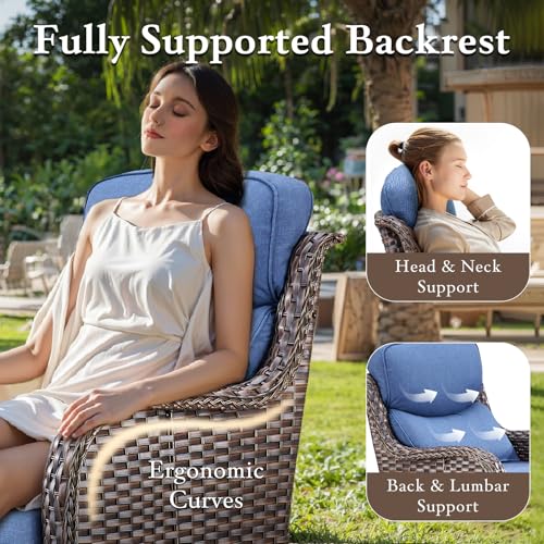 moosprr Luxury High Back Outdoor Furniture with 6-inch Extra Thick Cushions, Patio Furniture Set with Swivel Chairs, 7 PCS Wicker Conversation Set for Yard, Deck, Poolside, Brown/Blue