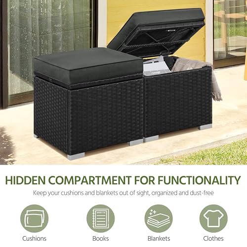 Yaheetech Wicker Ottomans, Set of 2 Patio PE Rattan Side Tables with Hidden Storage & Removable Cushion, Outdoor/Indoor Footstools, Additional Seating for Garden/Balcony/Yard, Black/Gray