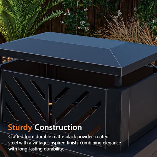Outdoor Fireplace with Chimney and Wood Storage, Metal Wood Burning Fire Pit with Heat Resistant Gloves, Fire Poker and Grill Mesh, Outside Fireplace for Patio, Garden and Deck, Black