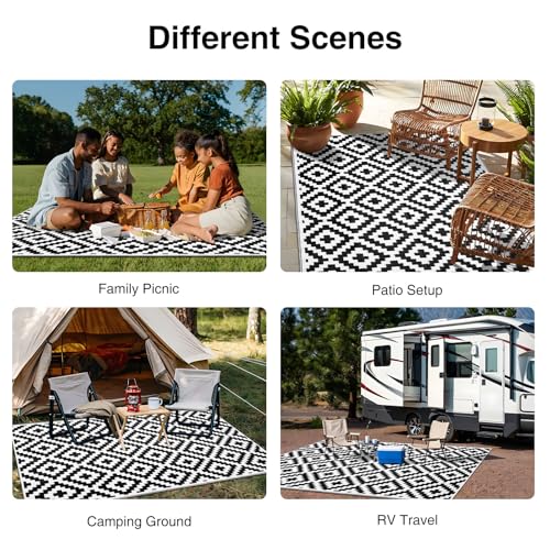 OLANLY Waterproof Outdoor Rug 5x8 ft, Outdoor Plastic Straw Rug for Camping, RV Mat Outside, Indoor Outdoor Carpet for Porch, Deck, Backyard, Balcony, Picnic, Black & White