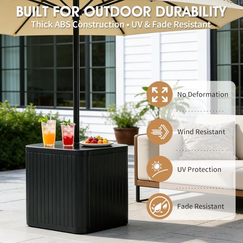 BoYata Outdoor Umbrella Side Table, 2-in-1 Outdoor Side Table with Umbrella Hole, 15.9 Gallon Fillable Umbrella Stand Base, Fit Up to 1.5" Pole, Square Patio Side Table for Poolside, Deck, Matte Black