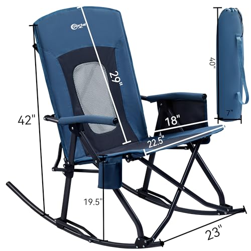 Portal Oversized Folding Rocking Camping Chair Portable Outdoor Rocker with High Back Hard Armrests Carry Bag, Supports 400 lbs, Mesh Back, Blue