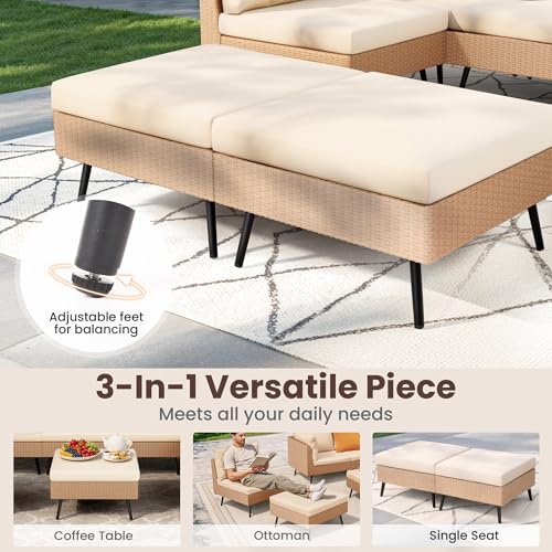 Pamapic 8-Piece Wicker Outdoor Furniture Set, All-Weather Patio Conversation Set with Thick Cushions & 2 Multi-Use Ottomans, Sectional Sofa Patio Furniture Set for Backyard, Porch, Beige