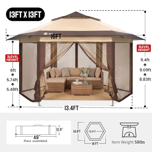 CROWN SHADES 13x13 Pop Up Gazebo with Mosquito Nettings, Patented CENTERLOK 6-Sided Portable Gazebo, 300D Silver-Coated Fabric UV Resistant, Pop Up Canopy Tent for Patio, Party, Beige&Coffee