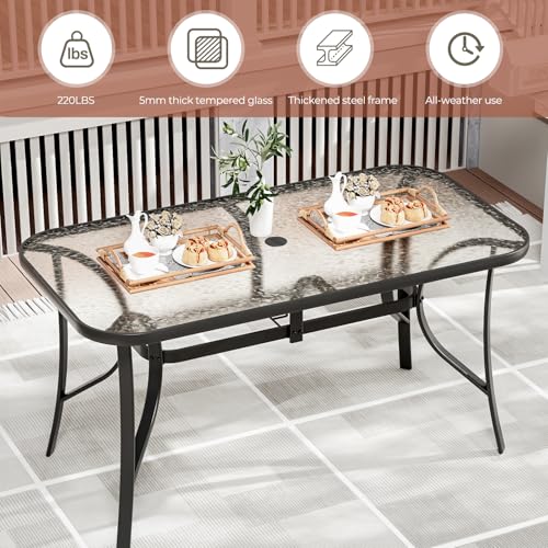TLSUNNY 7 Piece Patio Dining Set for 6, Outdoor Table and Chairs W/1.69" Umbrella Hole & Metal Frame, 30"X 55" Rectangular Glass Table and Patio Textilene Folding Chair W/Armrests, for Deck (Black)