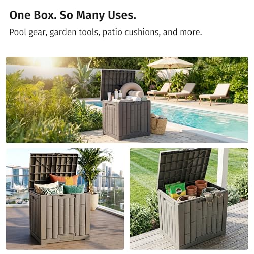 EAST OAK Outdoor Storage Box, 31 Gallon Deck Box Indoor and Outdoor Use, Waterproof Resin Storage Bin for Package Delivery, Patio Cushions, Gardening Tools, Lockable, UV Resistant, Grey
