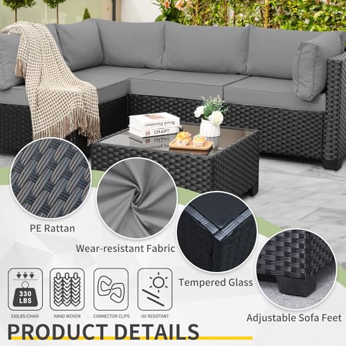WAROOM Outdoor 5 Piece Patio Furniture Set, Black Rattan Conversation Couch Resin Wicker Sectional Sofa Outside Chair with Coffee Table, Grey Cushion