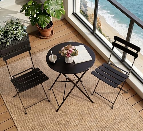 wildformers Outdoor Compact Folding Bistro Table and Chairs Set of 2, No Assembly Steel Patio Furniture for Small Balcony Yard, Black