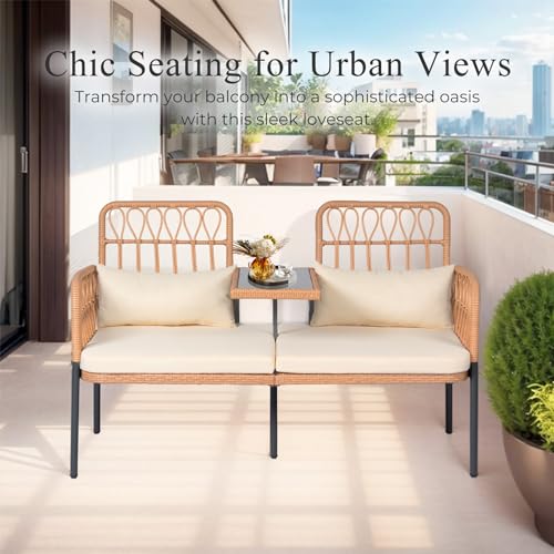 PROHIKER ROHIKER Outdoor Patio Loveseat Rattan Loveseat 2-Seat Furniture with Built-in Table, Lumbar Pillows and Cushions, All-Weather Small Patio Couch for Balcony, Lawn, Backyard