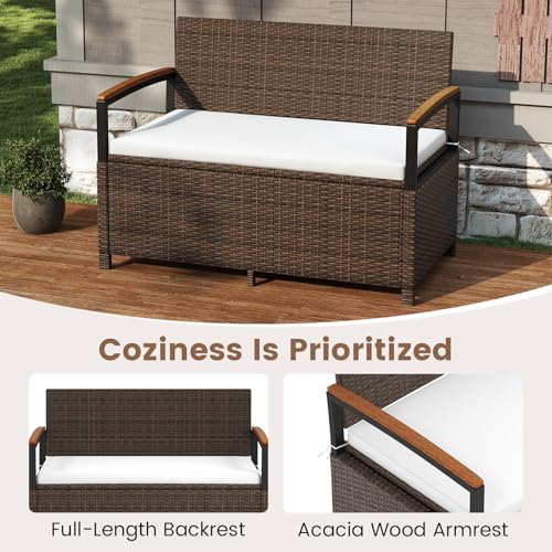 RELAX4LIFE Wicker Outdoor Storage Bench - Rattan Deck Box w/Protective Liner for Patio Furniture Pillows, Pool Supplies & Garden Tools, Porch Loveseat with Seat Cushion, Acacia Wood Armrests