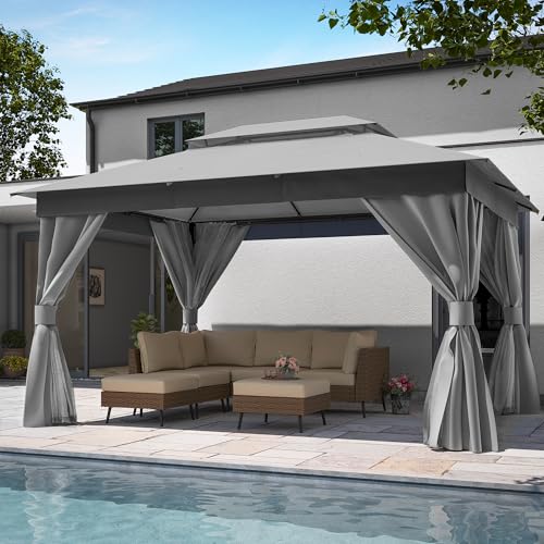 LAUSAINT HOME 10'x13' Outdoor Gazebo, Metal Frame Heavy Duty Patio Canopy Tent Shelter with Double Roofs, Mosquito Nettings and Privacy Screens for Backyard, Garden, Lawn, Gray