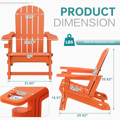 Shintenchi Adirondack Chairs Set of 2,HDPE Adirondack Chairs w/Removable Tablelop & Umbrella Hole,All-Weather Wooden Textured Plastic Outdoor Chairs w/Cup Holders for Garden Backyard Pool,Orange
