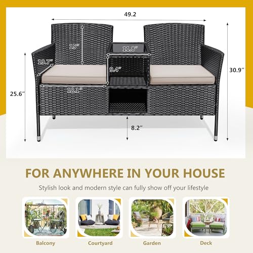 Flamaker Outdoor Furniture Patio Loveseat Wicker 2-Seat with Built-in Table and Cushions Rattan Porch Chairs Bench for Balcony, Lawn, Backyard (Beige)