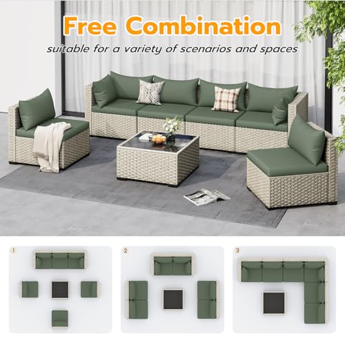 UDPATIO Outdoor Patio Furniture Set, 7-Piece PE Wicker Sectional Sofa with Tea Table, Outdoor Conversation Set for Patio, Garden, Backyard Green