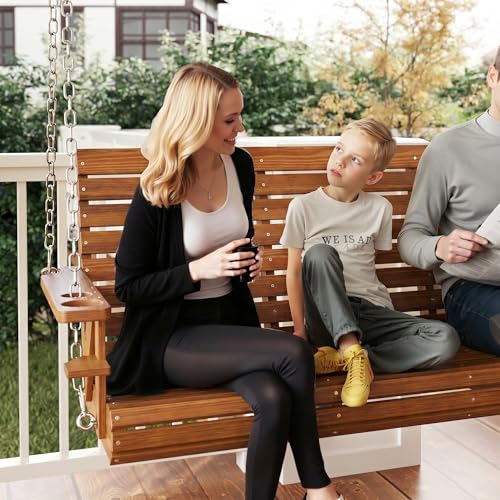 Outsunny Upgraded Wooden Porch Swing 3-Seater, 5 FT Outdoor Patio Swing Bench with Cupholders, Hanging Chains, Swing Chair Bench for Patio Garden Yard, Carbonized