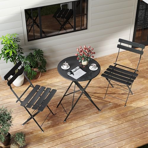 Kromax Outdoor 3 Piece Patio Bistro Set, Folding Bistro Table and Chairs Set of 2, Space Saving, Foldable Coffee Tables for Balcony or Garden, Black