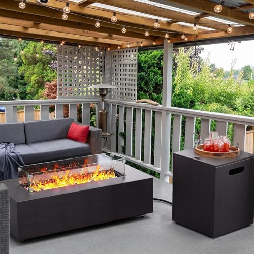Jocoevol 42in Fire Pit Table Propane Fire Pit 2 Piece Rectangular Gas Fire Pits 50,000 BTU with Wind Guard Propane Tank Cover Table Lava Rocks for Outdoor Outside Patio