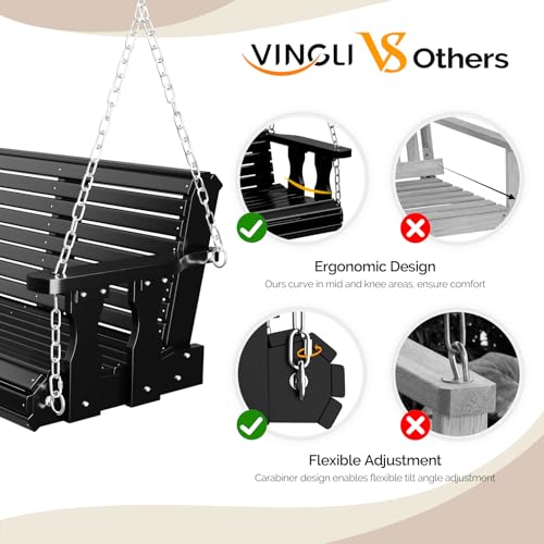 VINGLI Upgraded Patio Wooden Porch Swing for Courtyard & Garden, Heavy Duty 880 LBS Swing Chair Bench with Hanging Chains for Outdoors (Black, 4 FT)