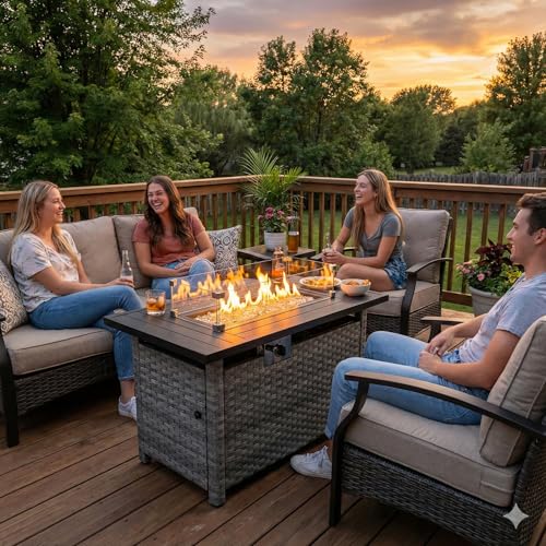 44" Fire Pit Table with Wind Guard for Outdoor, Auto-Ignition Propane Gas Firepits Rattan Rectangular Table for Outside Patio 60,000 BTU, Gray