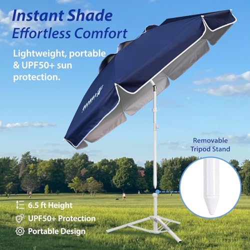 AMMSUN Shade Umbrella, Premium Portable Umbrella with Stand, 6.5ft Lightweight Free Standing Canopy for Sporting Games, Adjustable Instant Sun Protection and Easy to Carry, Navy Blue