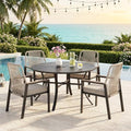 5 Pieces Patio Dining Set, 4 x Woven Rattan Chairs with Waterproof Cushion, 42” Metal Round Dining Table with Umbrella Hole, Outdoor Table and Chairs Set for Backyard Lawn and Deck, Beige