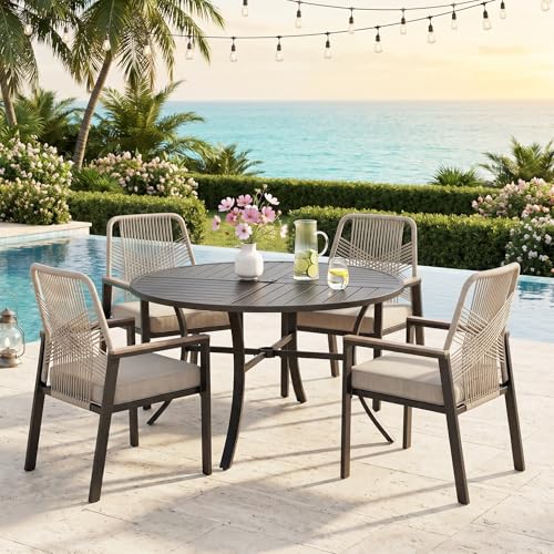 5 Pieces Patio Dining Set, 4 x Woven Rattan Chairs with Waterproof Cushion, 42” Metal Round Dining Table with Umbrella Hole, Outdoor Table and Chairs Set for Backyard Lawn and Deck, Beige