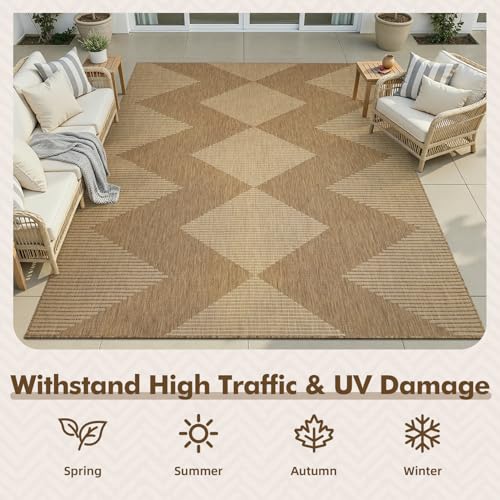 MontVoo-Outdoor Rug Carpet Patio Rug 5x7 ft Polypropylene Indoor Outdoor Rugs for Patio Deck Balcony Porch, Textured Weave, Durable for High Traffic, Fade-Resistant, Boho Geometric Neutral Brown