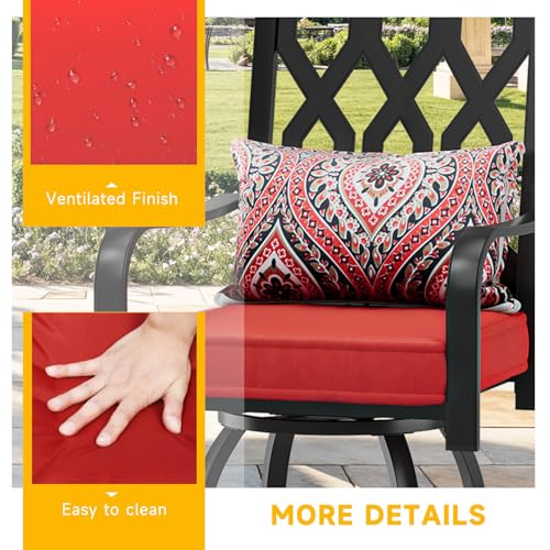 DWVO Metal Outdoor Bar Stools Set of 2, Heavy-Duty Bar Height Outdoor Chairs 352 Lbs Capacity, All-Weather E-Coated Swivel Barstools with Red Cushion & Paisley Pattern Pillow for Patio Deck Balcony