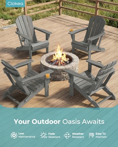 Ciokea Folding Adirondack Chair 2 Pack, Patio Adirondack Chair Weather Resistant, Plastic Fire Pit Chair with Cup Holder, Lawn Chair for Outdoor Porch Garden Backyard Deck (Grey)