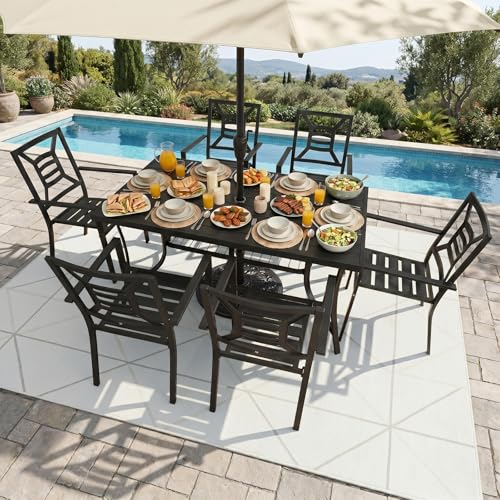 VOYSIGN 7 Piece Outdoor Patio Dining Sets, 60" Rectangular Metal Dining Table with Umbrella Hole & 6 Stackable Metal Chairs, Weather Resistant Garden Furniture Set for Backyard, Deck, Porch