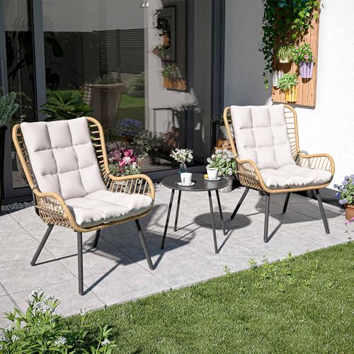 LAUSAINT HOME 3 Piece Outdoor Bistro Set, Small Patio Furniture Set with Coffee Table and Thick Cushions, Front Porch Furniture for Lawn, Garden, Balcony, Poolside, White