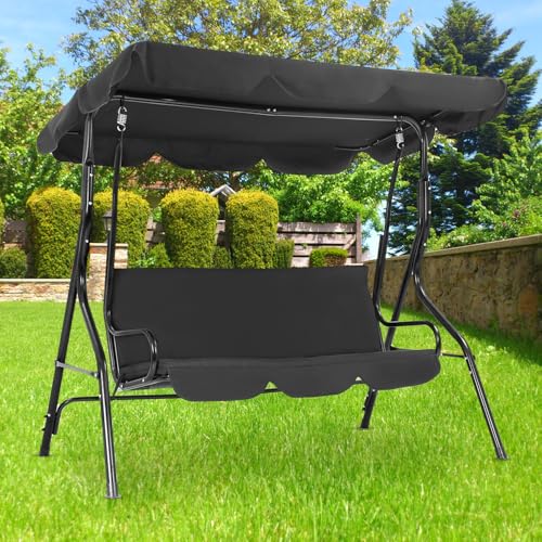 Patio Swing Sturdy Outdoor Swing Chair Stable Porch Swing Easy Setup Patio Swing with Canopy Adjustable Tilt Armrests Steel Frame for Patio Outdoor Porch Backyard, Black