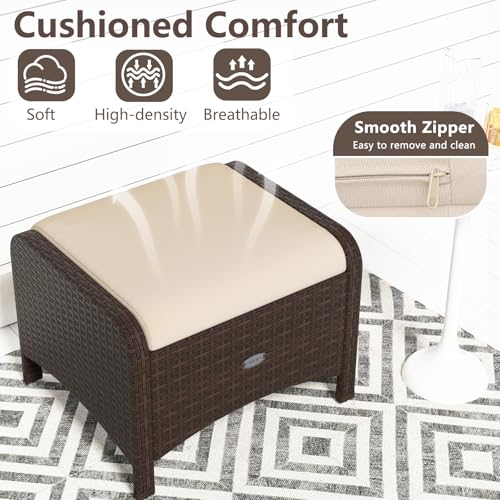 RELAX4LIFE Wicker Outdoor Ottomans for Patio - Set of 2 Rattan Footstools w/Removable Cushions, Multipurpose Outside Foot Rest, Side Table & Additional Seating for Porch Garden Backyard (Beige)