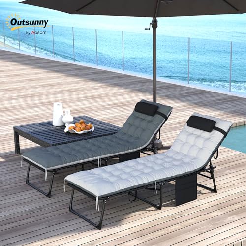 Outsunny Chaise Lounge Chair Outdoor Set of 2, 5-Position Adjustable Outdoor Pool Lounge Chairs, Folding Tanning Chair Beach Lounger with Cushion, Headrest, Side Pocket for Patio, Yard, Black/Gray