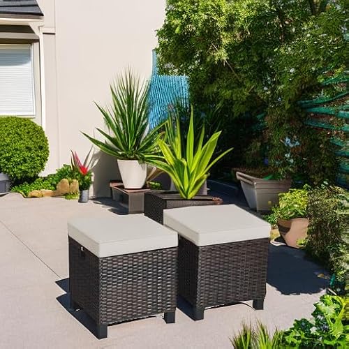 Tangkula 2 Pieces Outdoor Patio Ottoman, All Weather Rattan Wicker Ottoman Seat, Patio Rattan Furniture, Outdoor Footstool Footrest Seat w/Removable Cushions