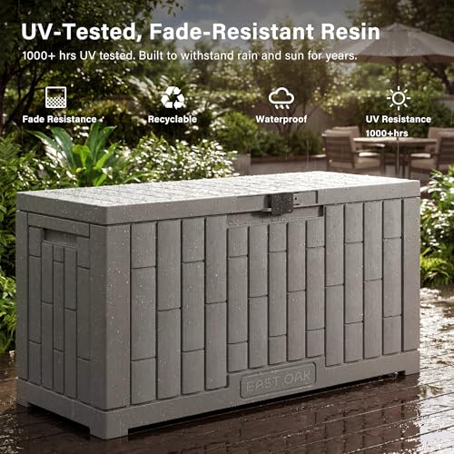 EAST OAK Outdoor Storage Box, 60 Gallon Deck Box Indoor and Outdoor Use, Waterproof Resin Storage Bin for Patio Cushions, Gardening Tools, Lockable, UV Resistant, Grey