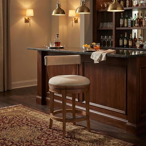 Hanover Swivel Counter Height Bar Stool, Weathered Brown and Beige, Solid Rubberwood Frame, Faux Leather Upholstered Seat, Memory Return Swivel, 20 in. W x 22 in. D x 37 in. H, Seat Height 26 in.