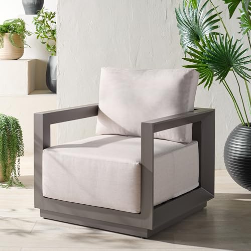SAFAVIEH Couture Outdoor Patio Furniture Collection - Donaldo Accent Chair, Dark Grey Aluminum Frame with Beige Cushions, Fully Assembled (CPT4010A)