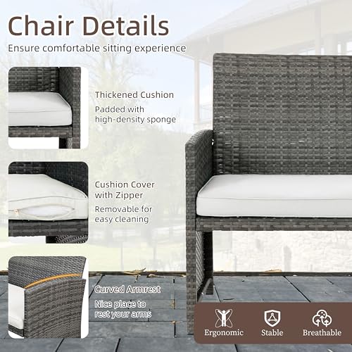 4 Piece Patio Ratten Set Outdoor Furniture Set Wicker Conversation Set with Cushions and Tempered Glass Tabletop,Beige