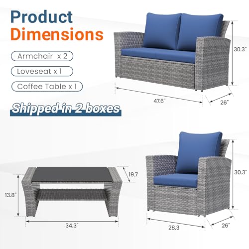 Wisteria Lane Patio Furniture Set, Wicker Outside Outdoor Furniture for All Weather, Patio Sofa with High Backrest Support and Wide Armrest for Backyard, Balcony, Deck, Porch, Dark Blue