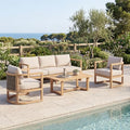 Christopher Knight Home Fido 5-Seater Patio Furniture Set with Cushion, 4 Piece Outdoor Acacia Wood Conversation Set, Solid Wood Outdoor Sectional Sofa Set with Coffee Table, Light Teak+Beige