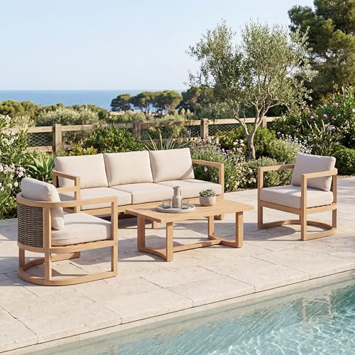 Christopher Knight Home Fido 5-Seater Patio Furniture Set with Cushion, 4 Piece Outdoor Acacia Wood Conversation Set, Solid Wood Outdoor Sectional Sofa Set with Coffee Table, Light Teak+Beige